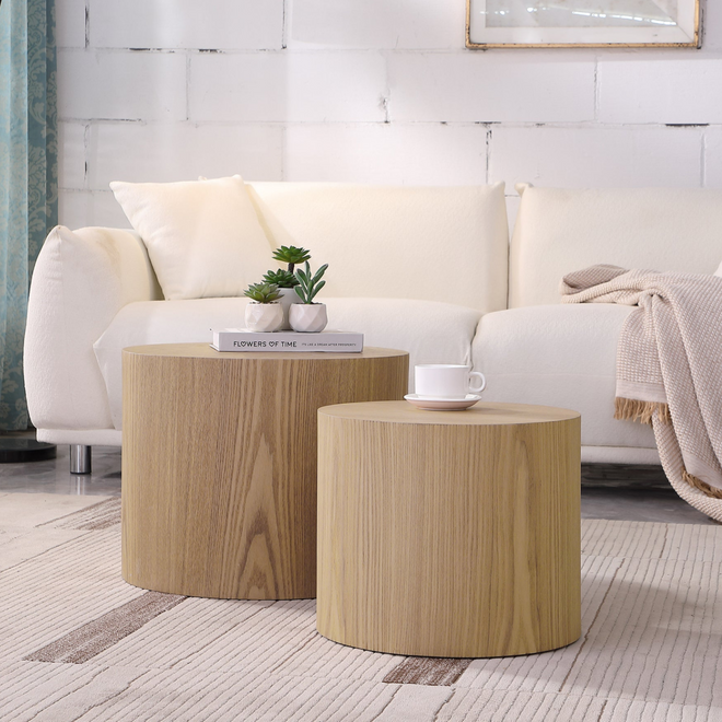 Round Matching Oak Veneer Nesting End Table Set - The Finishing Touch Decor