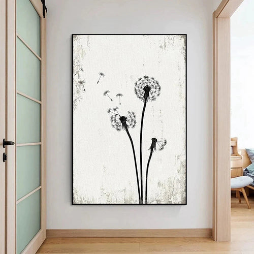 Black & White Nordic Dandelion Flowers Painting Canvas Wall Prints