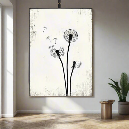 Black & White Nordic Dandelion Flowers Painting Canvas Wall Prints