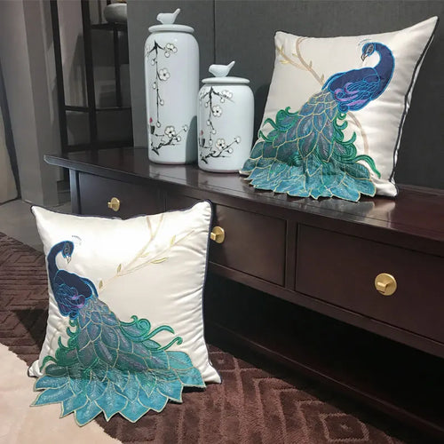 Embroidered Gorgeous Peacock Design Throw Pillow Cover - The Finishing Touch Decor, LLC