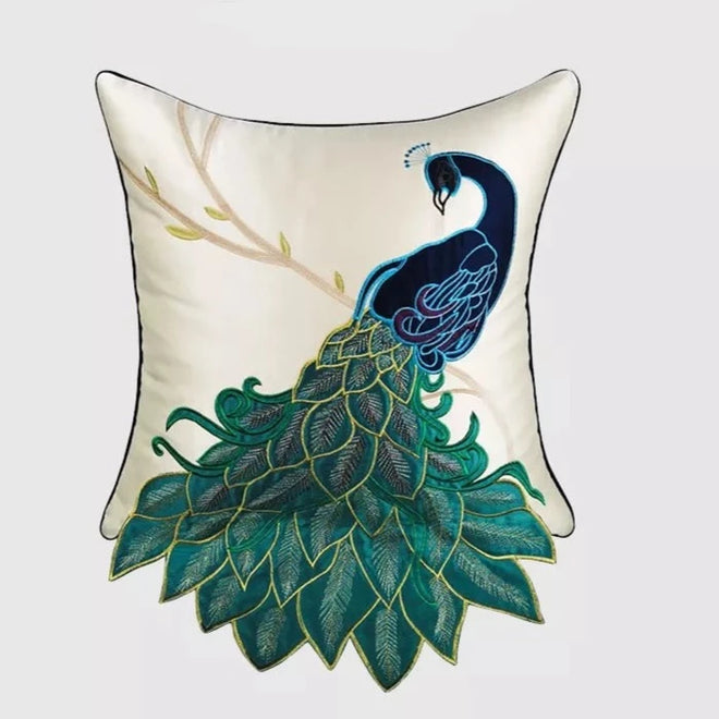 Embroidered Gorgeous Peacock Design Throw Pillow Cover - The Finishing Touch Decor, LLC