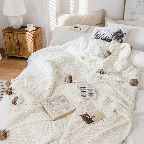 Chunky Knit Faux Fur Pompom Chenille Throw Blanket - The Finishing Touch Decor, LLC