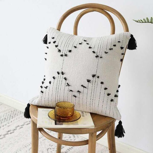 Moroccan Woven White & Black Geometric Tassels Throw Pillow Covers - Sz Variety - The Finishing Touch Decor, LLC