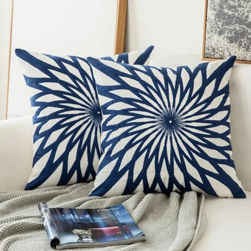 Saphire Blue Embroidered Geometric Floral Canvas Cotton Square Throw Pillow Cover - 45x45cm - The Finishing Touch Decor, LLC