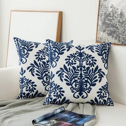 Saphire Blue Embroidered Geometric Floral Canvas Cotton Square Throw Pillow Cover - 45x45cm - The Finishing Touch Decor, LLC