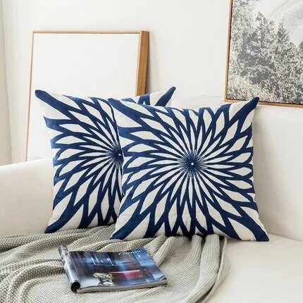 Saphire Blue Embroidered Geometric Floral Canvas Cotton Square Throw Pillow Cover - 45x45cm - The Finishing Touch Decor, LLC