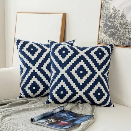 Saphire Blue Embroidered Geometric Floral Canvas Cotton Square Throw Pillow Cover - 45x45cm - The Finishing Touch Decor, LLC