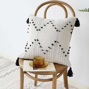 Moroccan Woven White & Black Geometric Tassels Throw Pillow Covers - Sz Variety - The Finishing Touch Decor, LLC