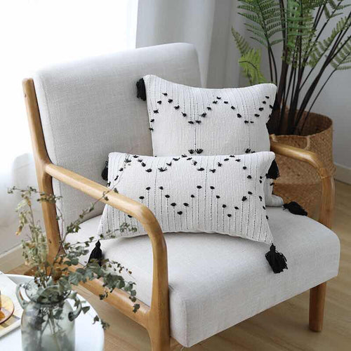 Moroccan Woven White & Black Geometric Tassels Throw Pillow Covers - Sz Variety - The Finishing Touch Decor, LLC