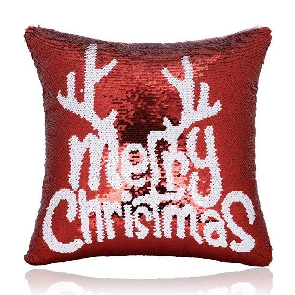 Glitter Magical Christmas Deer Snowflake Cushion Cover with Mermaid Sequins Throw Pillow Case Cover for Seat Sofa Xmas Gift