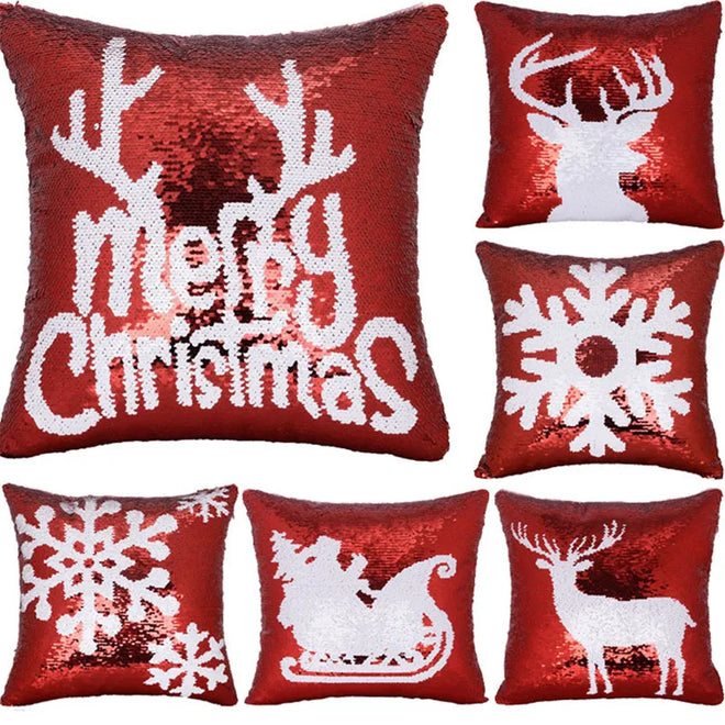 Glitter Magical Christmas Deer Snowflake Cushion Cover with Mermaid Sequins Throw Pillow Case Cover for Seat Sofa Xmas Gift