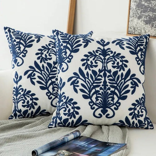 Saphire Blue Embroidered Geometric Floral Canvas Cotton Square Throw Pillow Cover - 45x45cm - The Finishing Touch Decor, LLC