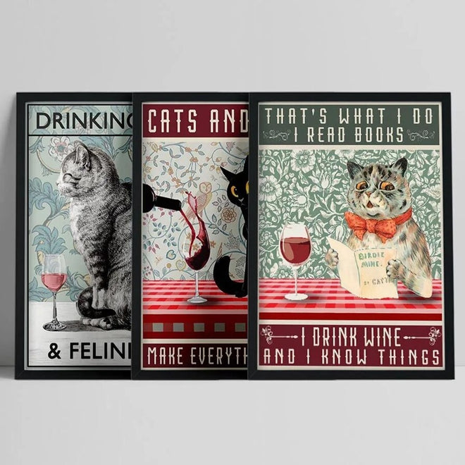 Vintage Abstract Style Cat Drinking Wine Read Book Canvas Painting Posters And Prints Wall Pictures For Living Room Decoration