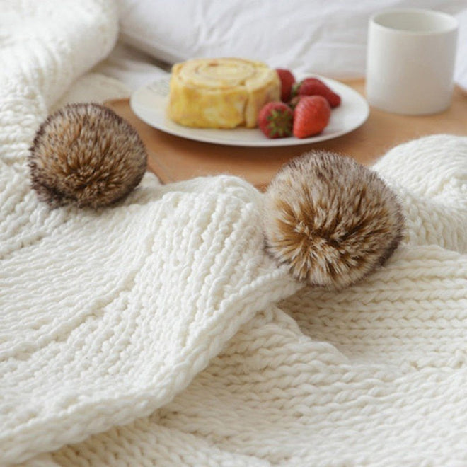 Chunky Knit Faux Fur Pompom Chenille Throw Blanket - The Finishing Touch Decor, LLC