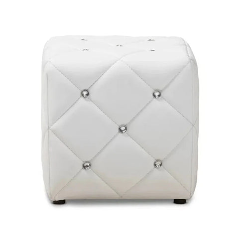 Crystal Button Tufted White Faux Leather Small Ottoman - The Finishing Touch Decor, LLC