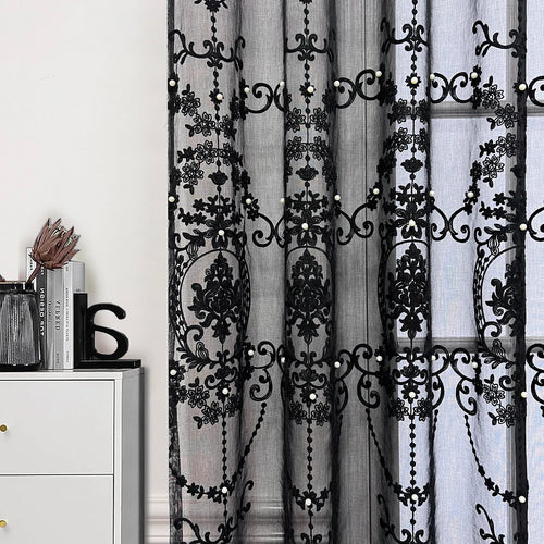 Lace Pearl French Embroidery Black Sheer Window Curtains - The Finishing Touch Decor, LLC