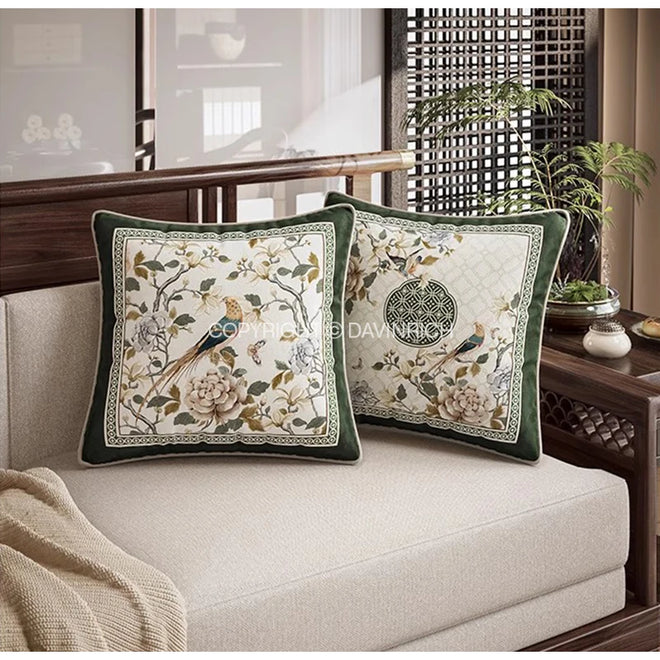 Oriental Bird Print Chinoiserie Velvet Throw Pillow Covers - The Finishing Touch Decor, LLC