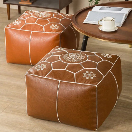 Moroccan Faux Leather Pouf Bohemian Ottoman Cover - The Finishing Touch Decor, LLC