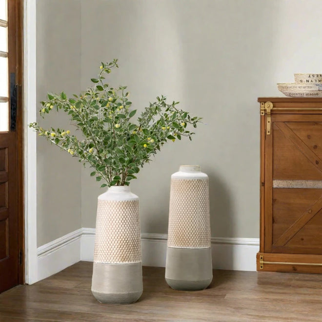 Metal Set of 2 Large Textured Farmhouse Floor Vases - The Finishing Touch Decor, LLC