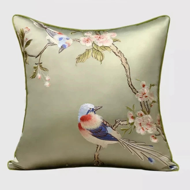 Cherry Blossom & Bird Embroidered Satin Throw Pillow Cushion Covers - The Finishing Touch Decor, LLC