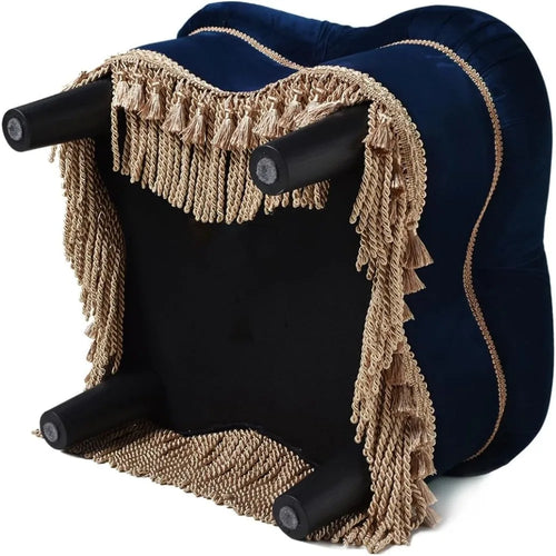 Navy French Upholstered Ottoman with Golden Fringe - The Finishing Touch Decor, LLC