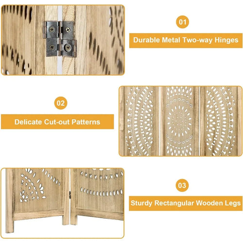 Tall Boho Natural Wood Mandela Screen 3 Panel Room Divider - The Finishing Touch Decor, LLC