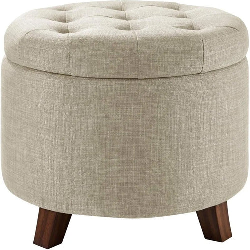 Upholstered Tufted Storage Round Ottoman Footstool, Burlap Beige - The Finishing Touch Decor, LLC