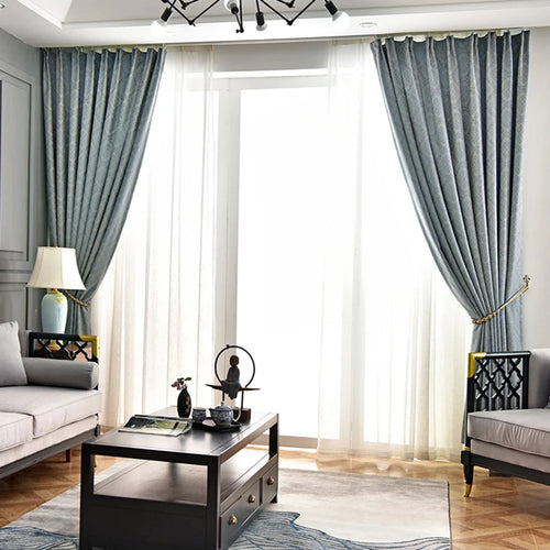 French Blue Luxury Jacquard Heavy Textured Curtains - The Finishing Touch Decor, LLC