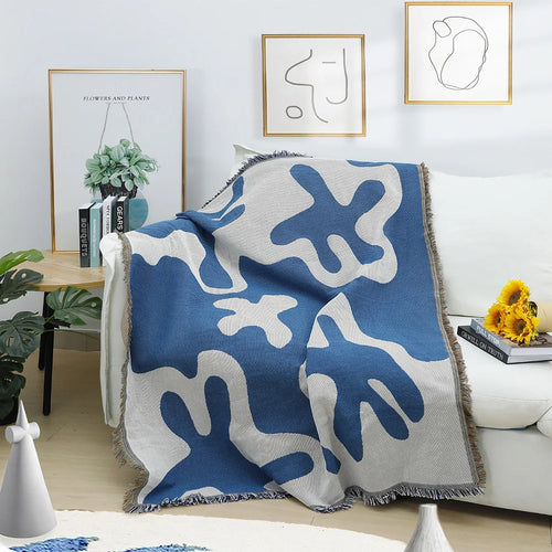 Blue White Coral Pattern Coastal Fringed Throw Blanket - The Finishing Touch Decor