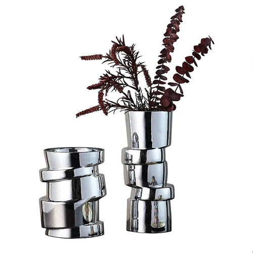 Displaced Stacked Round Silver Glass Geometric Vase - The Finishing Touch Decor, LLC