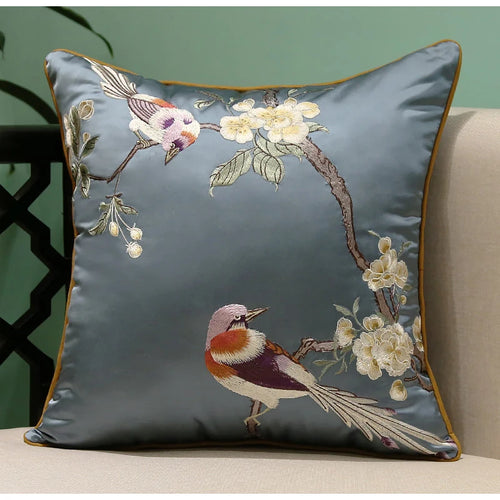 Cherry Blossom & Bird Embroidered Satin Throw Pillow Cushion Covers - The Finishing Touch Decor, LLC