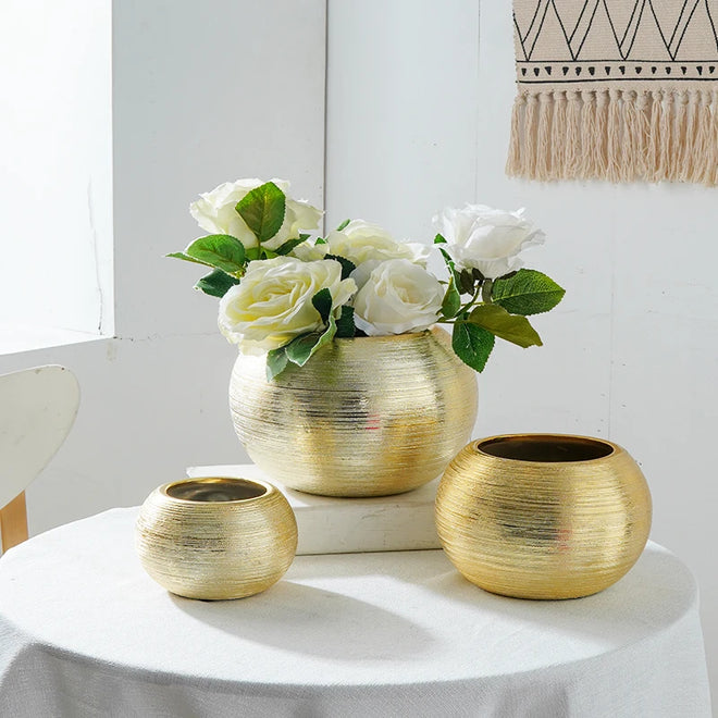 Electroplated gold silver round ceramic vase dry flower arrangement modern minimalist household soft decoration