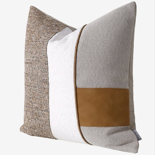 Brown & White Canvas Scandi Tan Leather Striped Throw Pillow Covers - The Finishing Touch Decor, LLC