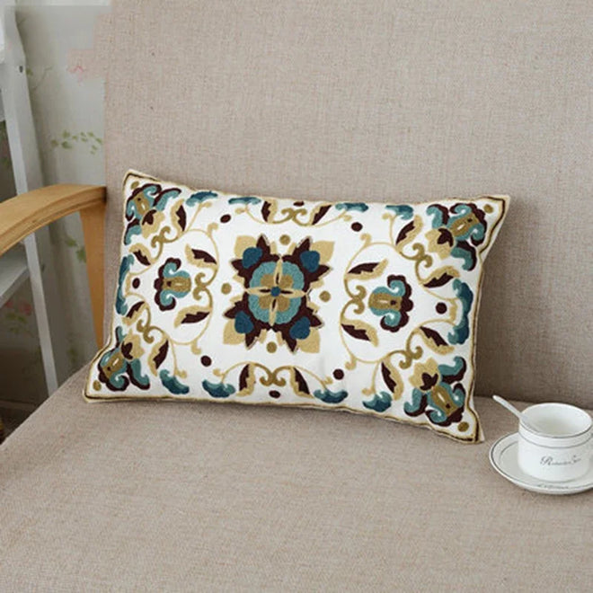 Home Decor Embroidered Cushion Cover Ethnic Floral Canvas Cotton Rectangle Embroidery Pillow Cover Lumbar Pillow Case 30x50cm