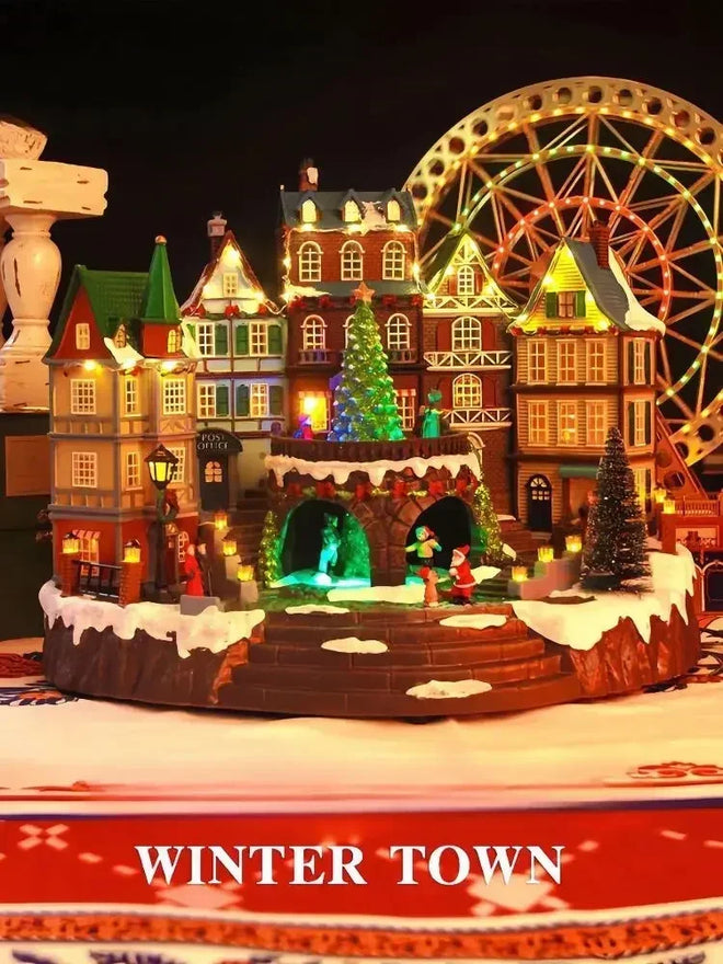 Large Christmas Winter Town Music Box Music Box Carousel Birthday Gift Series Christmas Gift Luminous Resin Crafts Ornaments