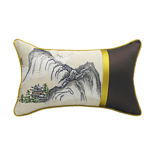 GUVINCI Chinoiserie Lumbar Pillow Cover Chinese Ancient Art Painting Landscape Mountains Embroidered Cushion Case For Couch Sofa