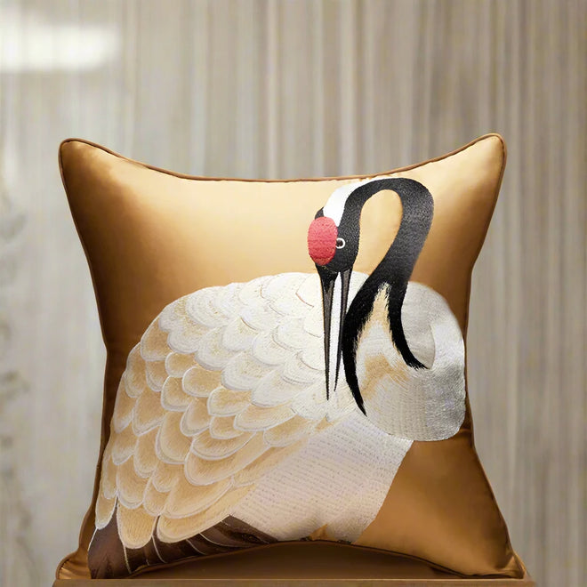 Oriental Crane Embroidery Luxury Satin Throw Pillow Covers - The Finishing Touch Decor, LLC