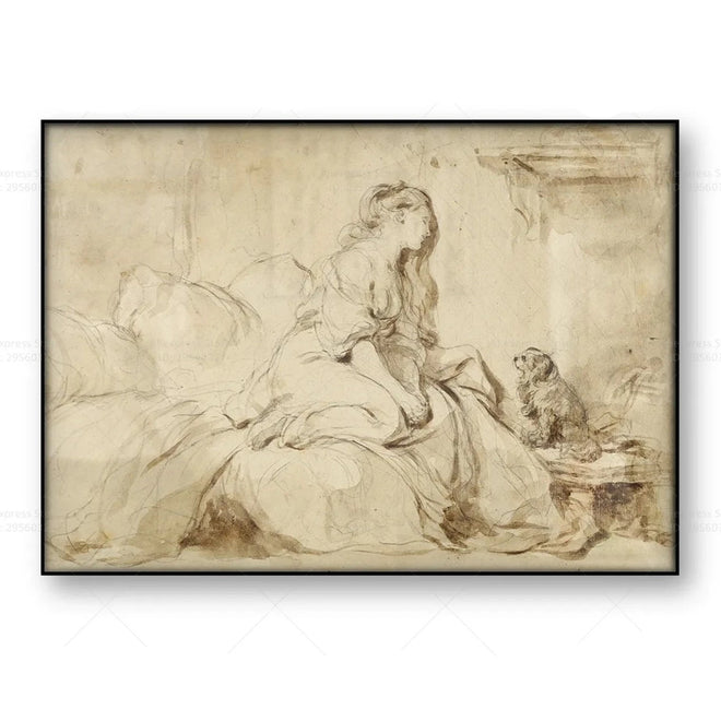 Canvas Painting Print of "Woman with Faithful Dog" Vintage French Wall Art