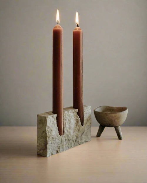 2 Holes Marble Candlestick Holder for Wedding Dinning Party Vintage Travertine Stone Taper Candle Holder for Table Centerpiece