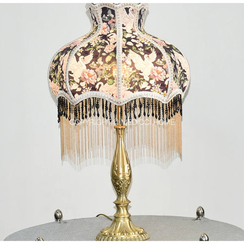 Retro Swan Chinoiserie Print Beaded Tassel Lampshade - The Finishing Touch Decor, LLC