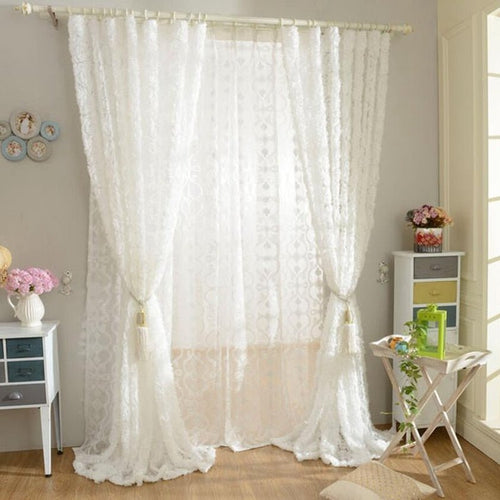 Rose Adorned Voile Sheer White Window Curtains - The Finishing Touch Decor, LLC