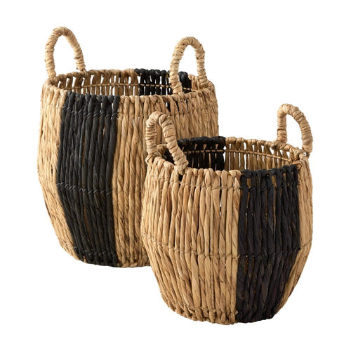 Handmade Woven Natural and Black Water Hyacinth Straw Baskets, Set of 2 Storage Laundry Basket - The Finishing Touch Decor, LLC