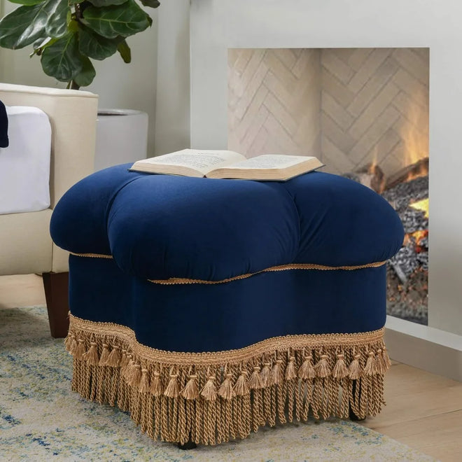 Navy French Upholstered Ottoman with Golden Fringe - The Finishing Touch Decor, LLC