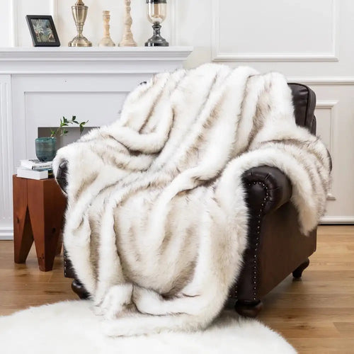 Thick White Faux Fox Fur Winter Bedspread Luxury Throw Blanket