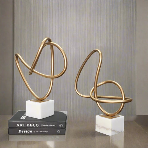 Abstract Golden Metal Sculpture Lines Table Statue