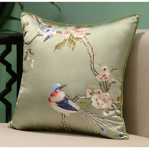 Cherry Blossom & Bird Embroidered Satin Throw Pillow Cushion Covers - The Finishing Touch Decor, LLC