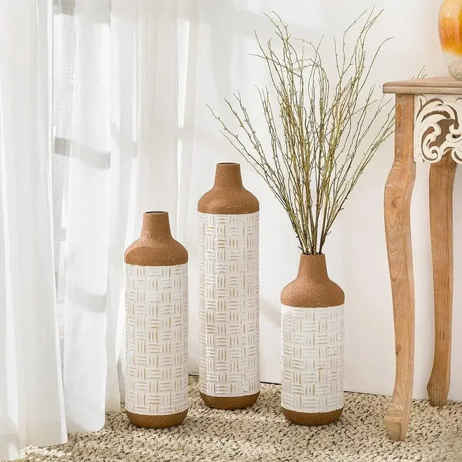 Tall Farmhouse Terracotta Two-Toned Metal Floor Vase Set of 3 - The Finishing Touch Decor, LLC