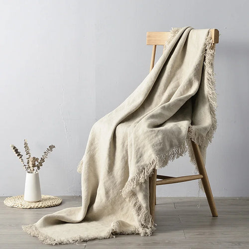 Natural Flax Real Linen Lightweight French Fringe Throw Blanket - The Finishing Touch Decor, LLC