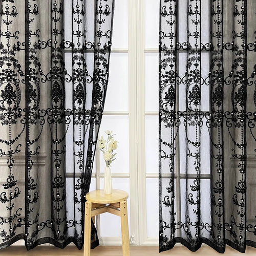 Lace Pearl French Embroidery Black Sheer Window Curtains - The Finishing Touch Decor, LLC