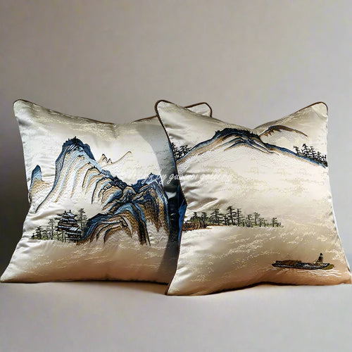 GUVINCI Chinoiserie Lumbar Pillow Cover Chinese Ancient Art Painting Landscape Mountains Embroidered Cushion Case For Couch Sofa